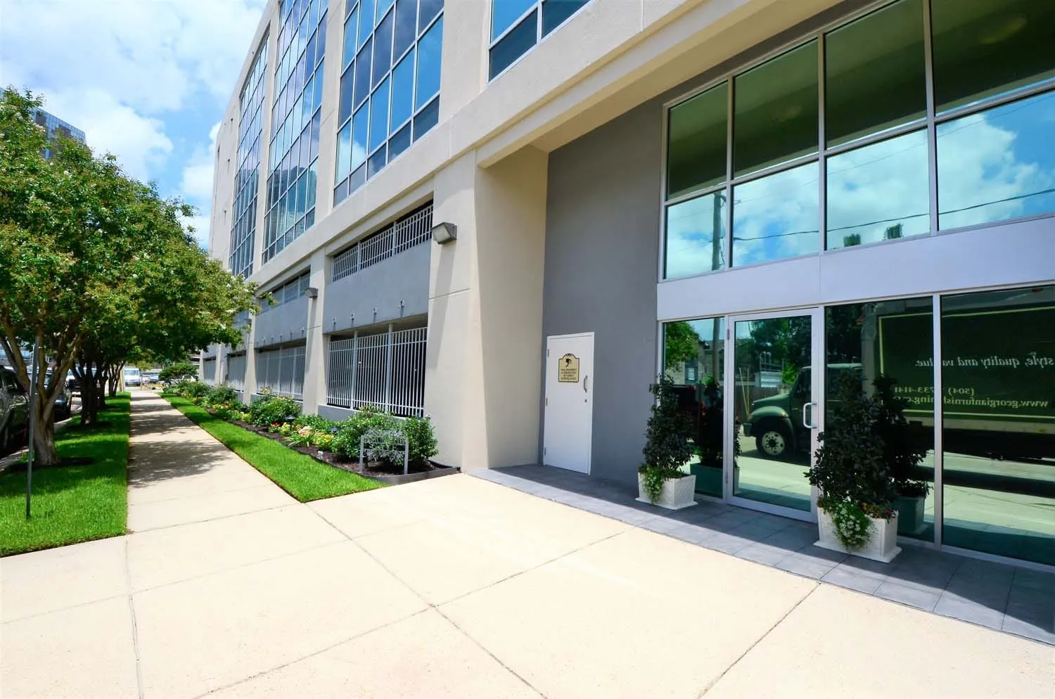 Landscaped walkway at the building entrance