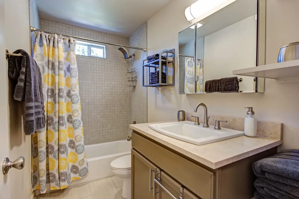 Bathroom with tub shower and modern vanity